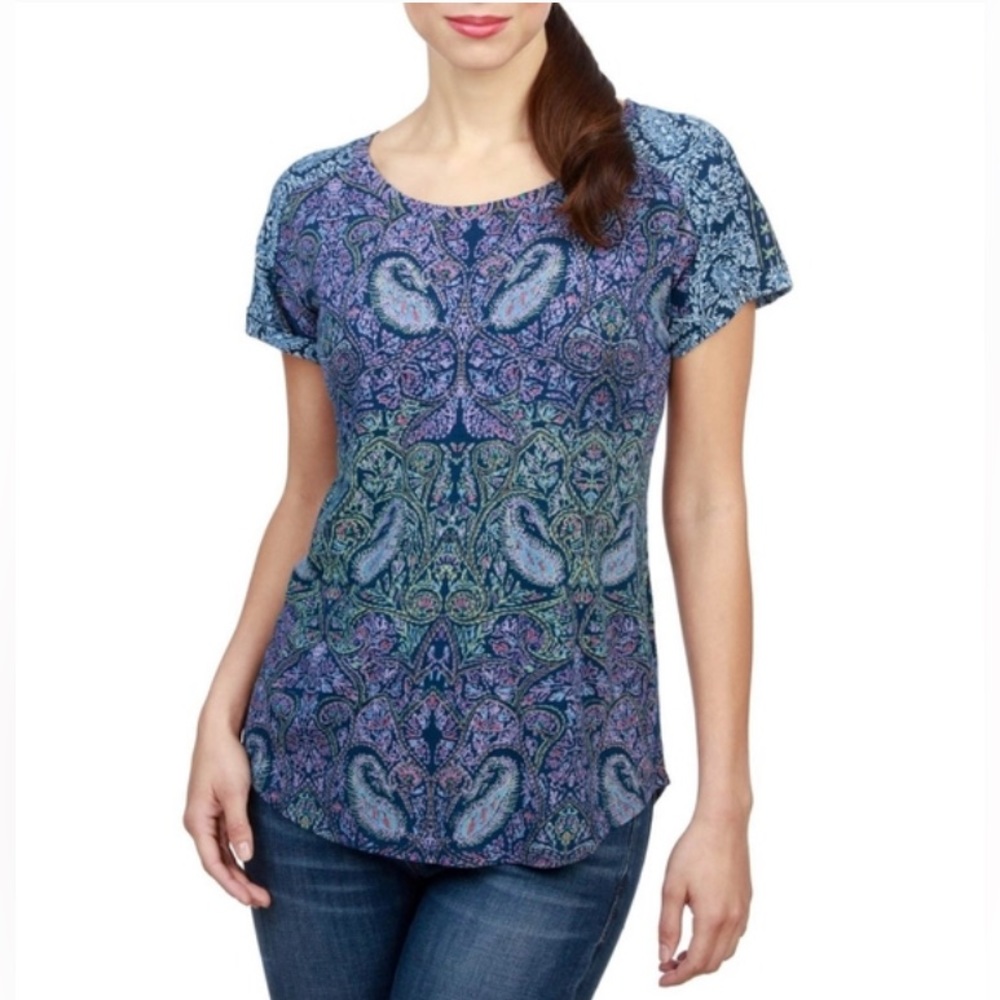 Lucky Brand Purple/Blue Navy/Gold Paisley Backslit Cuffed Short Sleeve Top Sz S